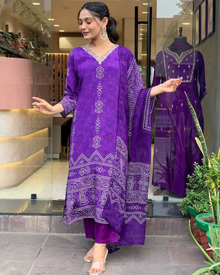 Malishka Women's French Crepe Printed & Embroidery Straight Kurta with Pant And Dupatta Set - Purple - Distacart