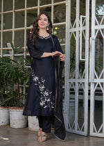 Thumbnail for Malishka Women's Viscose Rayon Embroidery Straight Kurta with Pant And Dupatta Set - Black