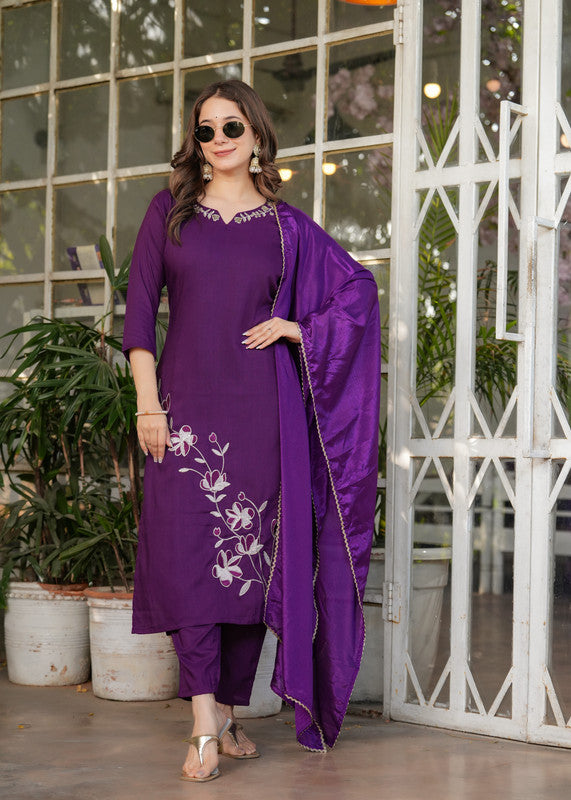 Malishka Women's Viscose Rayon Embroidery Straight Kurta with Pant And Dupatta Set - Wine