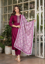 Thumbnail for Malishka Women's Viscose Rayon Embroidery Straight Kurta with Pant And Dupatta Set - Maroon