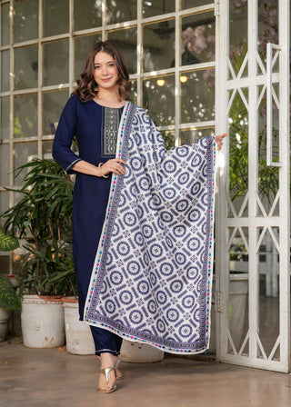 Malishka Women's Viscose Rayon Embroidery Straight Kurta with Pant And Dupatta Set - Navy Blue - Distacart