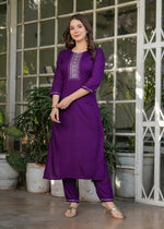 Thumbnail for Malishka Women's Viscose Rayon Embroidery Straight Kurta with Pant And Dupatta Set - Wine
