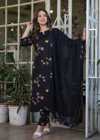 Malishka Women's Silk Blend Printed Straight Kurta with Pant And Dupatta Set - Black - Distacart