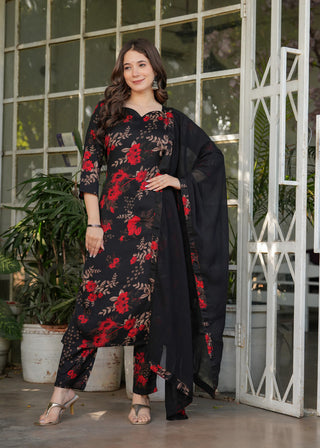 Malishka Women's Silk Blend Printed Straight Kurta with Pant And Dupatta Set - Black - Distacart