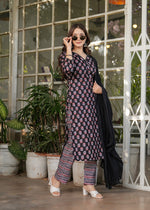 Thumbnail for Malishka Women's Pure Cotton Printed Straight Kurta with Pant And Dupatta Set - Black