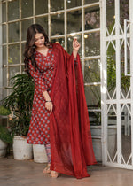 Thumbnail for Malishka Women's Pure Cotton Printed Straight Kurta with Pant And Dupatta Set - Maroon