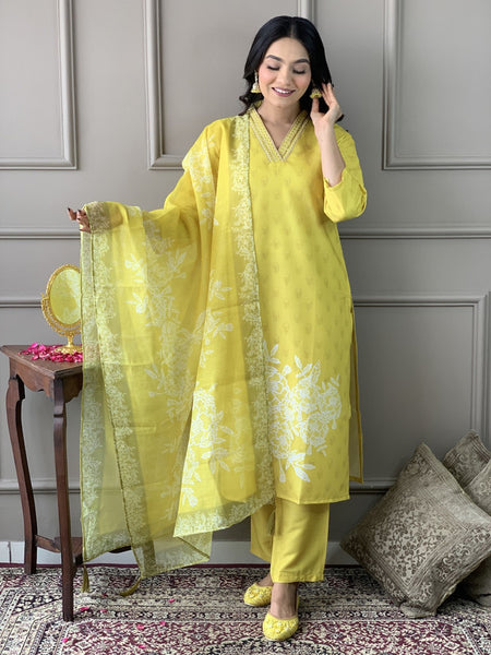 Malishka Women Viscose Chanderi Kurta With Pant And heavy Embroidery Dupatta Set - Yellow