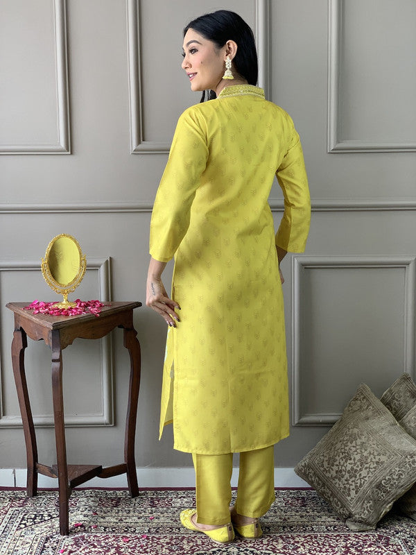 Malishka Women Viscose Chanderi Kurta With Pant And heavy Embroidery Dupatta Set - Yellow