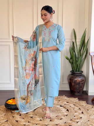 Malishka Women's Viscose Chanderi Embroidered Straight Kurta with Pant And Silk Printed Dupatta Set - Sky - Distacart