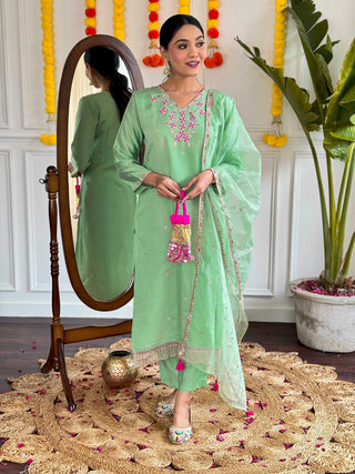 Malishka Women's Pista Viscose Chanderi Embroidered Straight Kurta Pant With Dupatta - Distacart