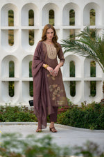 Thumbnail for Avantini Women's Brown Tissue with floral printed and Embroidered Straight Kurta Pant With Dupatta - Distacart