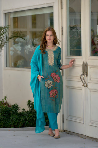 Avantini Women's Sky Blue Tissue with floral printed and Embroidered Straight Kurta Pant With Dupatta - Distacart