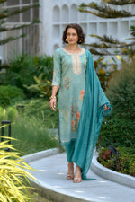 Thumbnail for Avantini Women's Aqua Blue Tissue with floral printed and Embroidered Straight Kurta Pant With Dupatta - Distacart