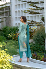Thumbnail for Avantini Women's Aqua Blue Tissue with floral printed and Embroidered Straight Kurta Pant With Dupatta - Distacart