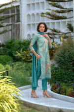 Thumbnail for Avantini Women's Aqua Blue Tissue with floral printed and Embroidered Straight Kurta Pant With Dupatta - Distacart