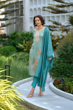 Thumbnail for Avantini Women's Aqua Blue Tissue with floral printed and Embroidered Straight Kurta Pant With Dupatta - Distacart