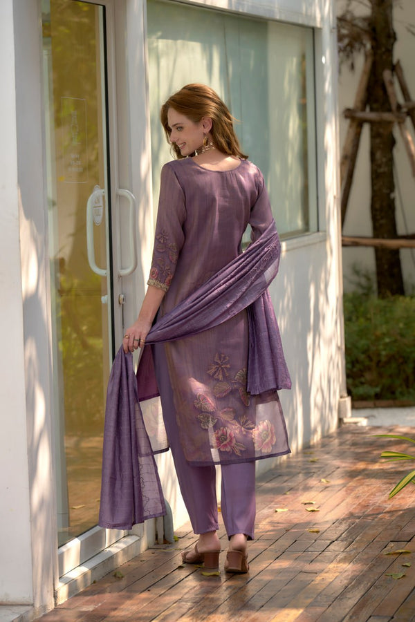 Avantini Women's Purple Tissue with floral printed and Embroidered Straight Kurta Pant With Dupatta - Distacart