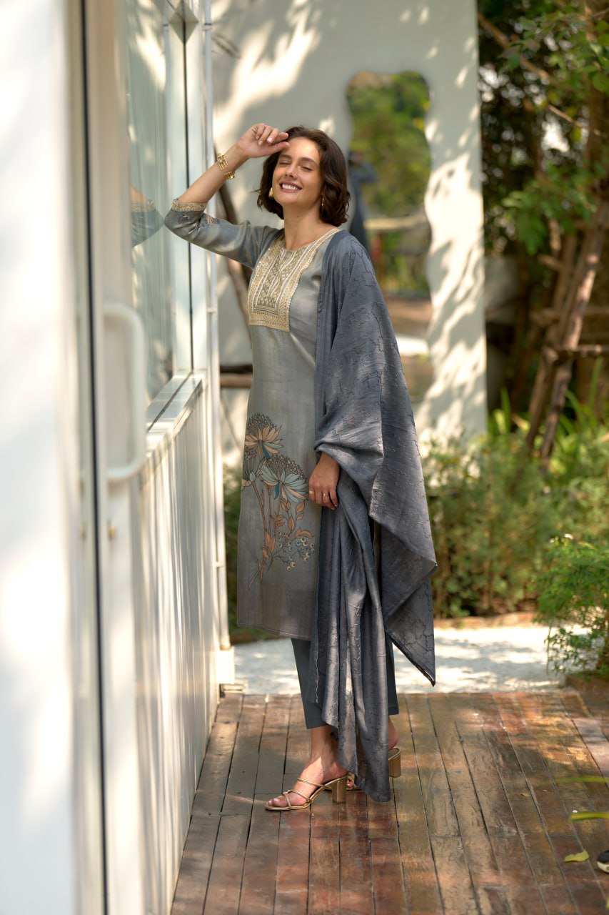 Avantini Women's Grey Tissue with floral printed and Embroidered Straight Kurta Pant With Dupatta - Distacart