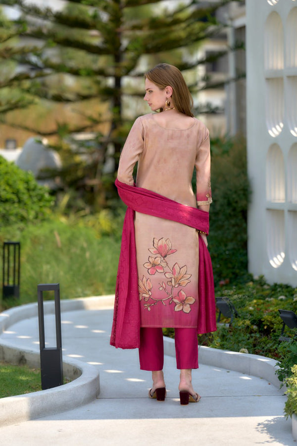 Avantini Women's Peach Tissue with floral printed and Embroidered Straight Kurta Pant With Dupatta - Distacart