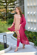 Thumbnail for Avantini Women's Peach Tissue with floral printed and Embroidered Straight Kurta Pant With Dupatta - Distacart
