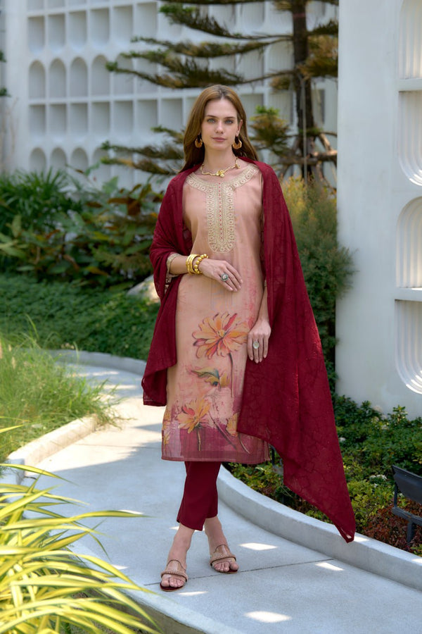 Avantini Women's Peach Viscose Tissue with floral printed and Embroidered Straight Kurta Pant With Dupatta - Distacart
