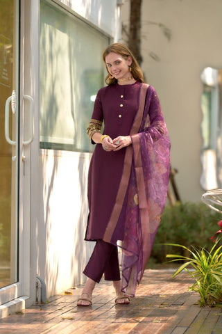 Avantini Women's Wine Roman Silk Embroidered Straight Kurta Pant With Dupatta - Distacart