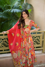 Thumbnail for Avantini Women's Red Muslin Cotton Embroidered Anarkali Kurta Palazzo With Dupatta - Distacart