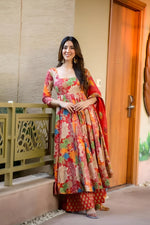 Thumbnail for Avantini Women's Red Muslin Cotton Embroidered Anarkali Kurta Palazzo With Dupatta - Distacart