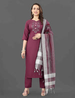 Thumbnail for Malishka Women's Purple Cotton Blend Embroidered Straight Kurta Pant With Dupatta