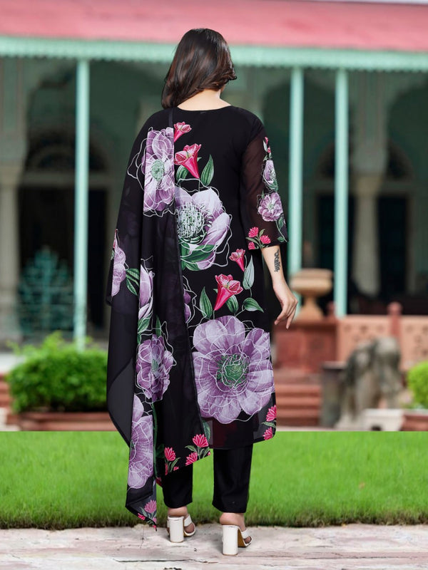 Avantini Women's Black Georgette Embroidered Straight Kurta Pant With Dupatta - Distacart