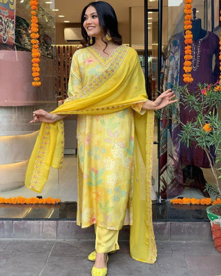 Malishka Women's Embroidered Viscose Muslin Kurti With Pant & Dupatta Set - Yellow - Distacart