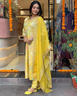 Thumbnail for Malishka Women's Embroidered Viscose Muslin Kurti With Pant & Dupatta Set - Yellow - Distacart