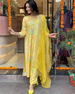 Thumbnail for Malishka Women's Embroidered Viscose Muslin Kurti With Pant & Dupatta Set - Yellow - Distacart