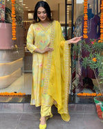 Thumbnail for Malishka Women's Embroidered Viscose Muslin Kurti With Pant & Dupatta Set - Yellow - Distacart