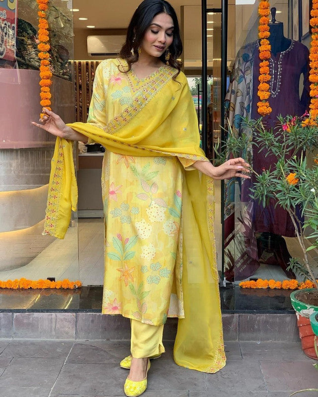 Malishka Women's Embroidered Viscose Muslin Kurti With Pant & Dupatta Set - Yellow - Distacart