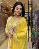 Thumbnail for Malishka Women's Embroidered Viscose Muslin Kurti With Pant & Dupatta Set - Yellow - Distacart