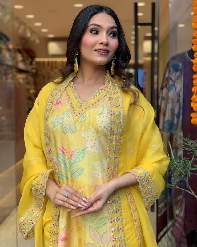 Malishka Women's Embroidered Viscose Muslin Kurti With Pant & Dupatta Set - Yellow - Distacart