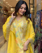 Thumbnail for Malishka Women's Embroidered Viscose Muslin Kurti With Pant & Dupatta Set - Yellow - Distacart