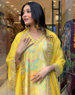 Thumbnail for Malishka Women's Embroidered Viscose Muslin Kurti With Pant & Dupatta Set - Yellow - Distacart