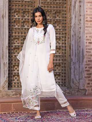 Malishka Women's Embroidered Viscose Chanderi Kurti With Pant & Dupatta Set - White - Distacart