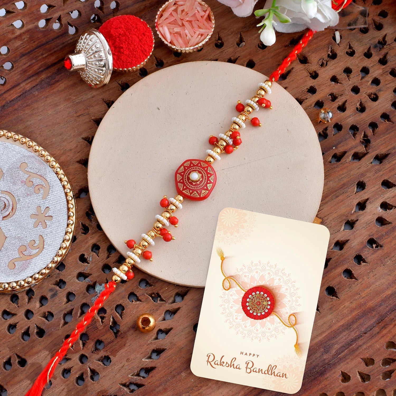 trueBrowns X Voylla Men's Red Enamelled White Pearls Thread Rakhi For Brother - Distacart