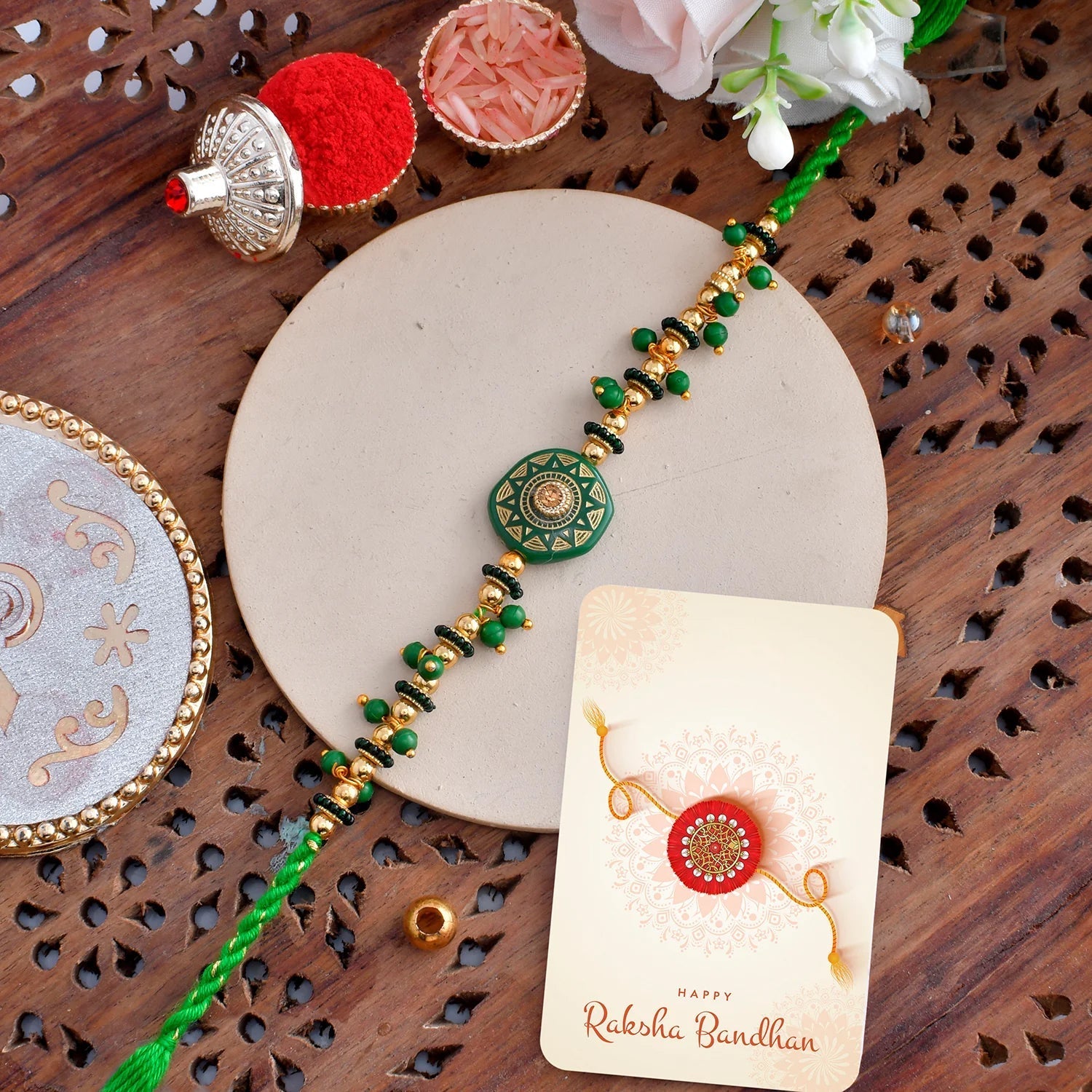 trueBrowns X Voylla Men's Green Enamelled White Pearls Thread Rakhi For Brother - Distacart