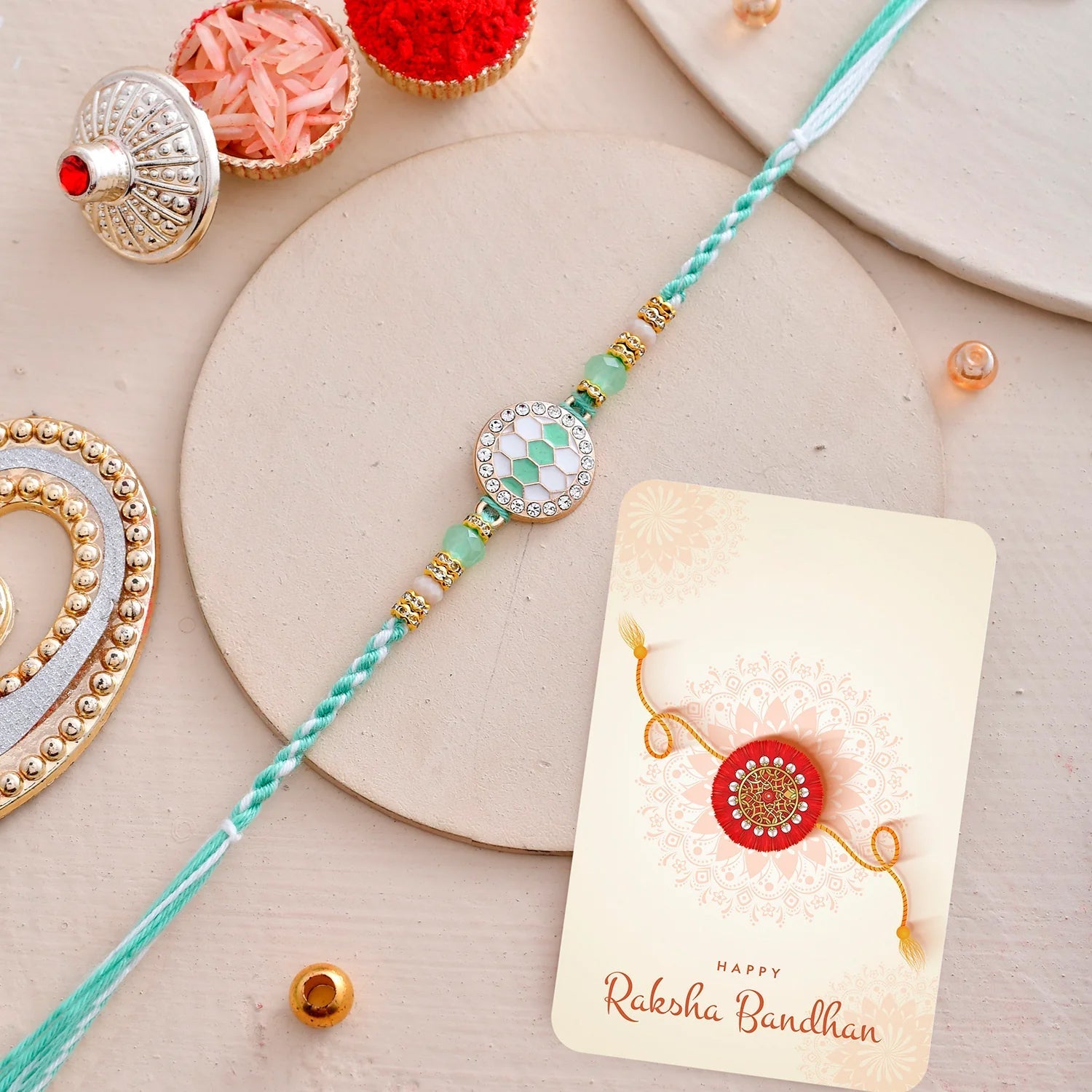 trueBrowns X Voylla Men's Green Thread Traditional Design White Pearls Rakhi For Brother - Distacart