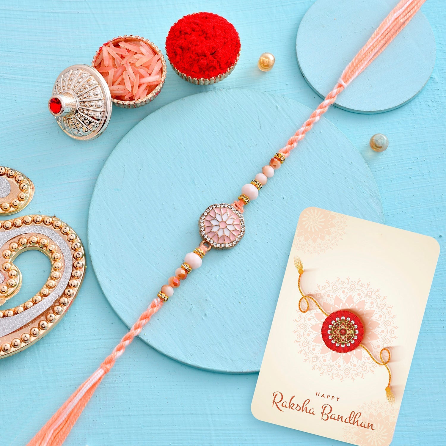 trueBrowns X Voylla Men's Orange Thread Traditional Design White Pearls Rakhi For Brother - Distacart