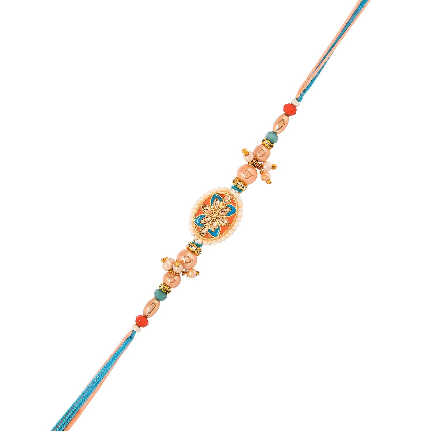 trueBrowns X Voylla Men's Colourful Thread Traditional Design White Pearls Rakhi For Brother