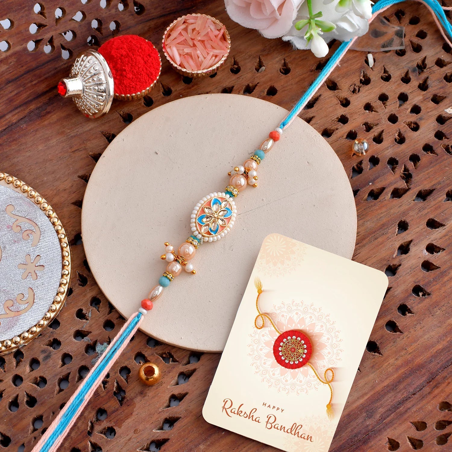 trueBrowns X Voylla Men's Colourful Thread Traditional Design White Pearls Rakhi For Brother - Distacart