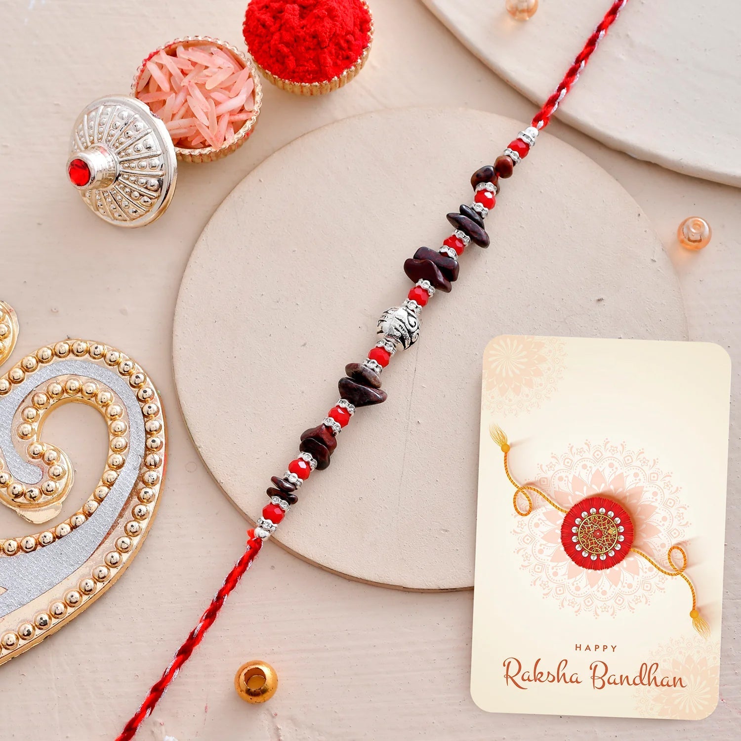 trueBrowns X Voylla Red Beads Bohemian Motif Thread Rakhi For Brother - Distacart