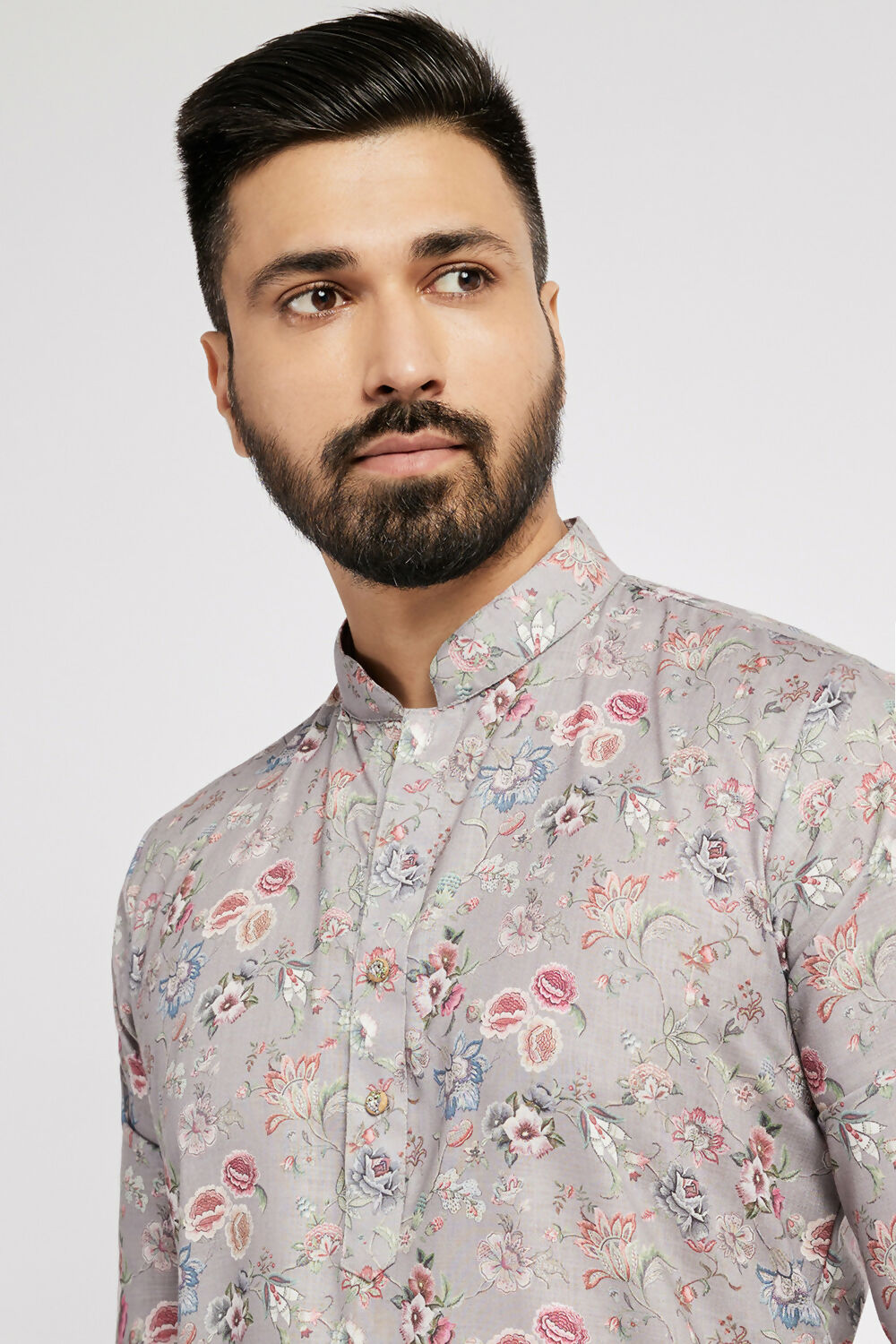 Ethnic India Grey Men's Kurta Floral Polyester - Distacart