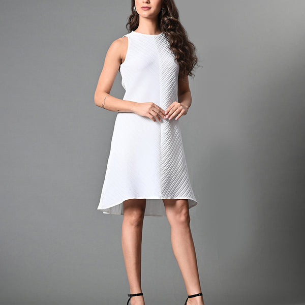 Myshka Women's Round Neck Sleeveless Embellished A-Line Dress in White Color - Distacart