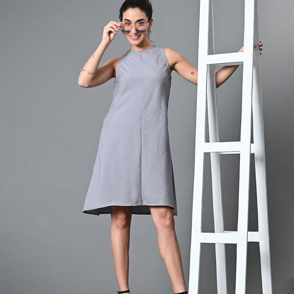 Myshka Women's Round Neck Sleeveless Embellished A-Line Dress in Grey Color - Distacart
